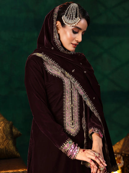 Libas Burgundy Embroidered Velvet Straight Suit With Dupatta