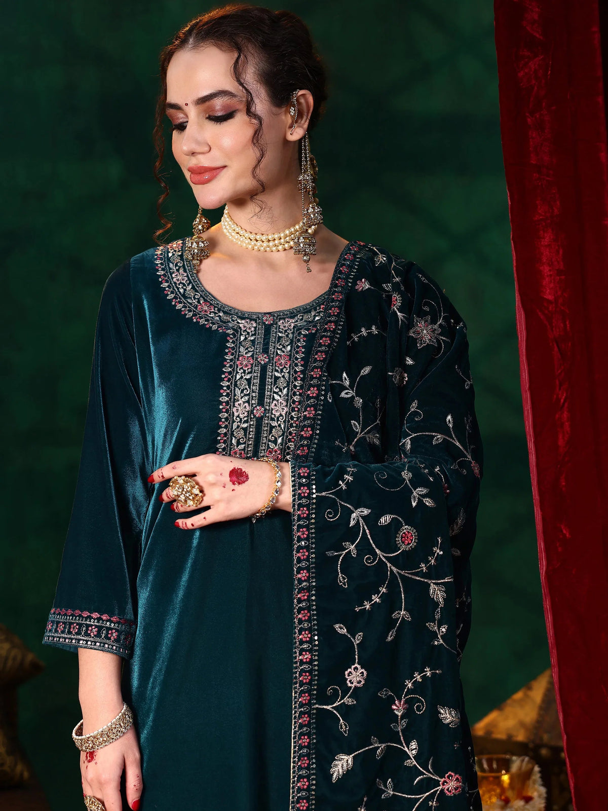 Libas Blue Yoke Design Velvet Straight Suit With Dupatta