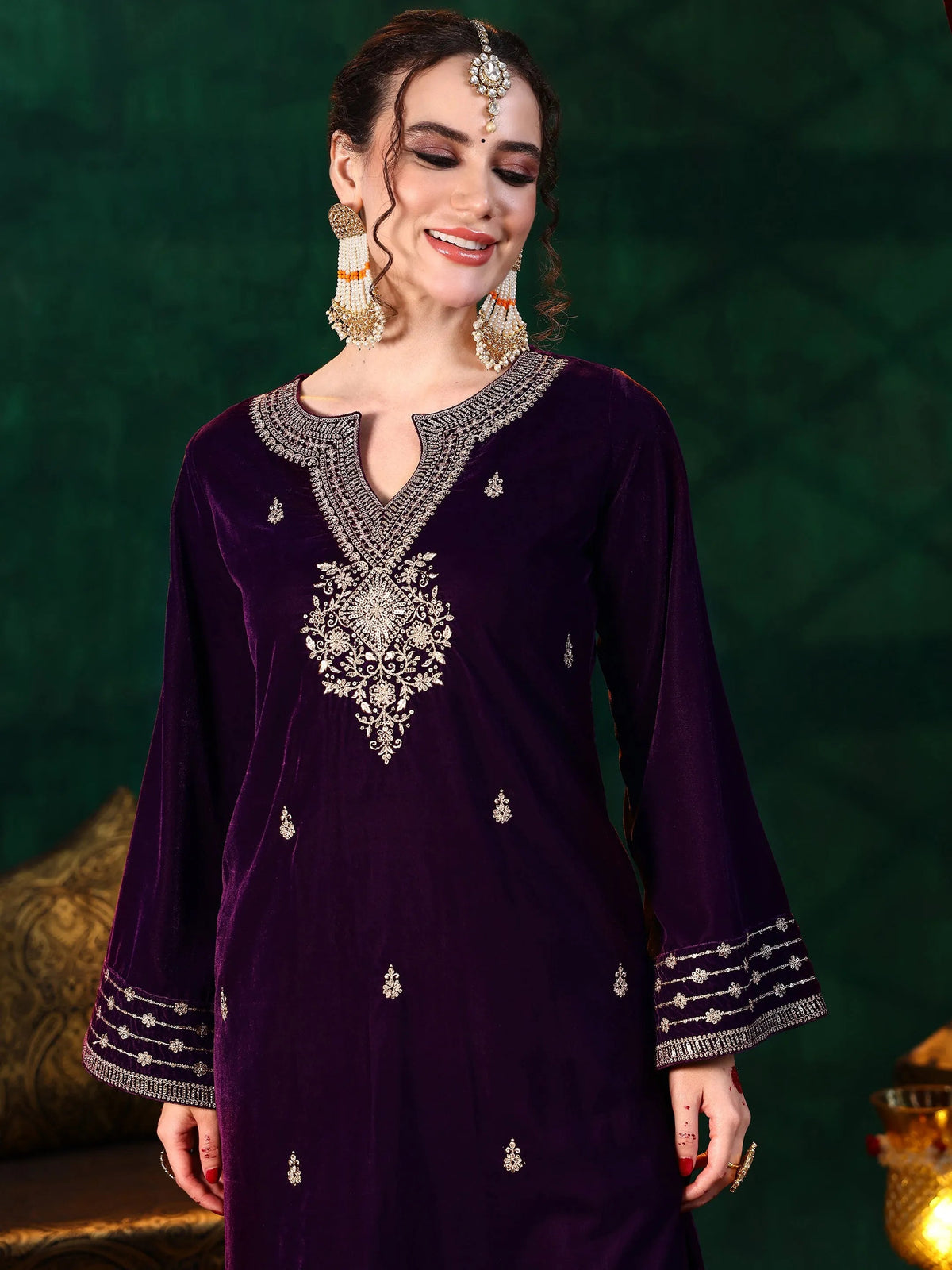 Libas Burgundy Embroidered Velvet Straight Suit With Dupatta