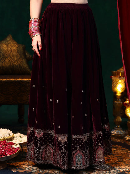 Libas Burgundy Embroidered Velvet Straight Suit With Dupatta