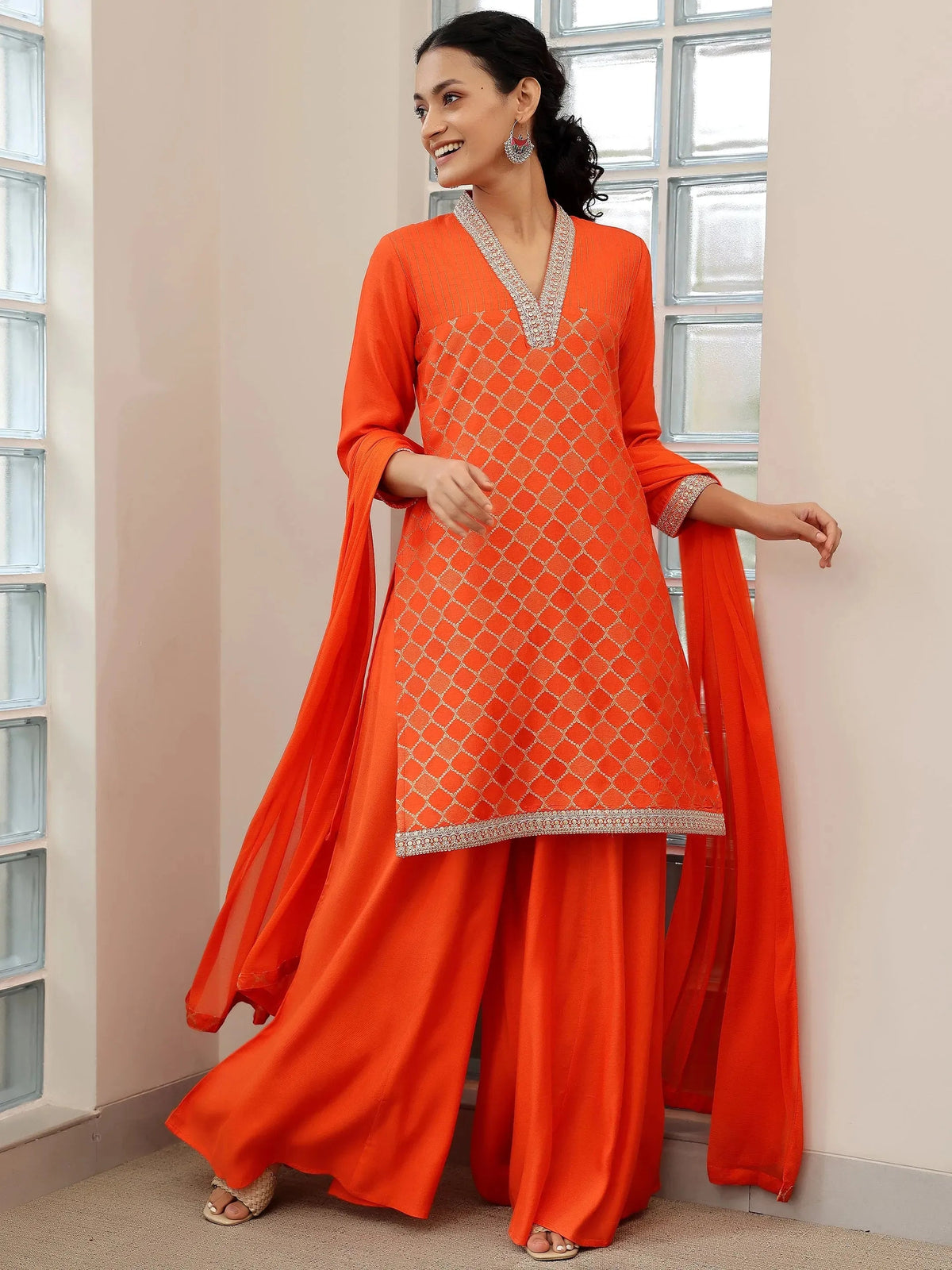 Libas Orange Woven Design Silk Blend Straight Suit With Dupatta