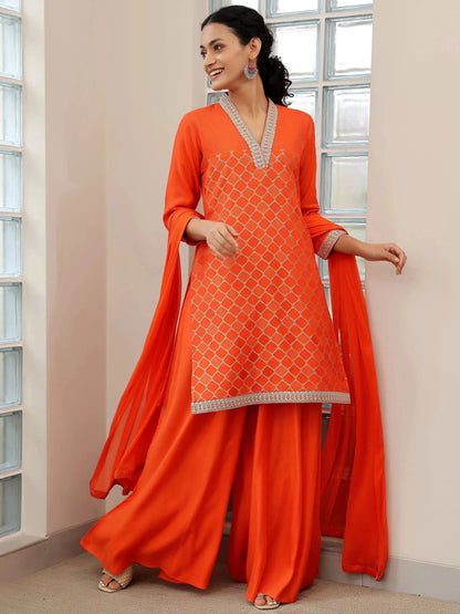 Libas Orange Woven Design Silk Blend Straight Suit With Dupatta