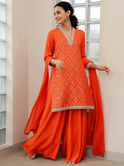 Libas Orange Woven Design Silk Blend Straight Suit With Dupatta