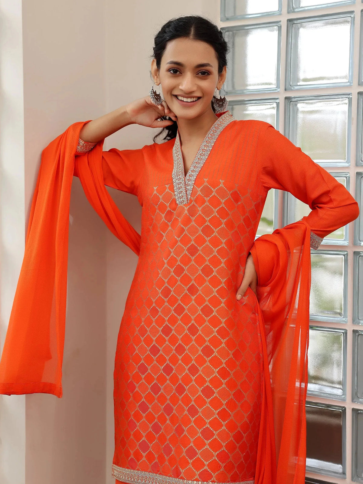 Libas Orange Woven Design Silk Blend Straight Suit With Dupatta