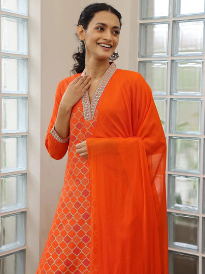 Libas Orange Woven Design Silk Blend Straight Suit With Dupatta