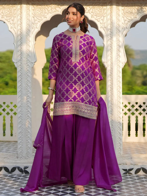 Libas Magenta Woven Design Silk Blend Straight Suit With Dupatta