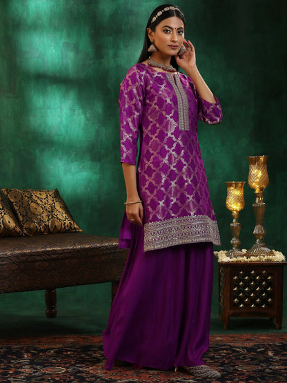 Libas Magenta Woven Design Silk Blend Straight Suit With Dupatta