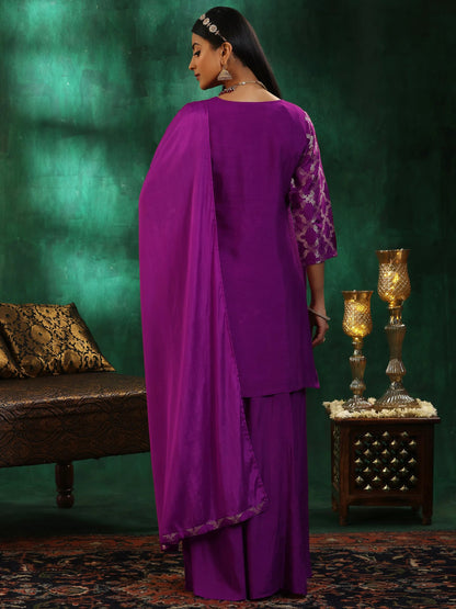 Libas Magenta Woven Design Silk Blend Straight Suit With Dupatta