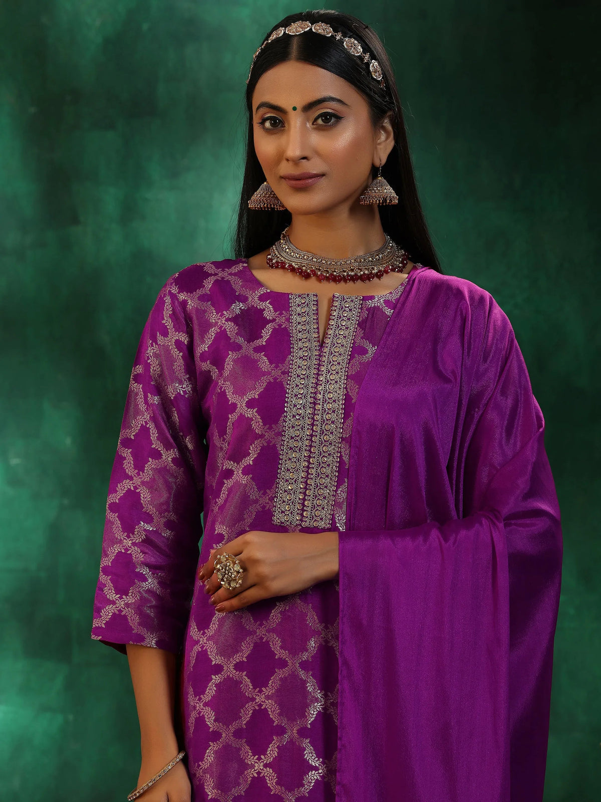Libas Magenta Woven Design Silk Blend Straight Suit With Dupatta