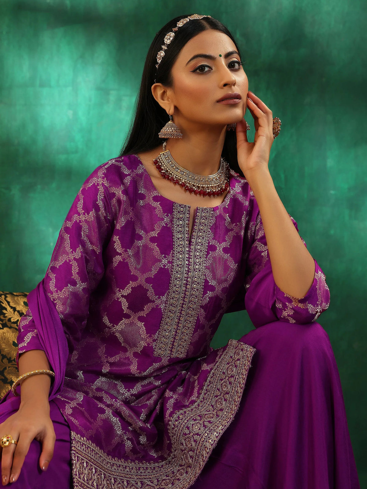 Libas Magenta Woven Design Silk Blend Straight Suit With Dupatta