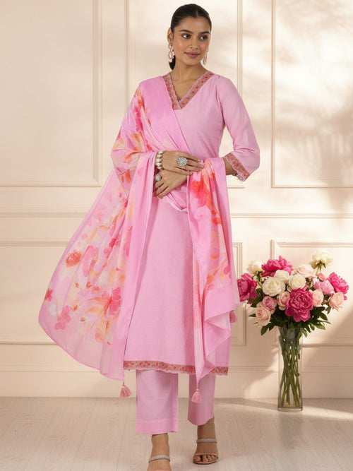 Gerua Pink Embroidered Cotton Blend Straight Suit With Dupatta