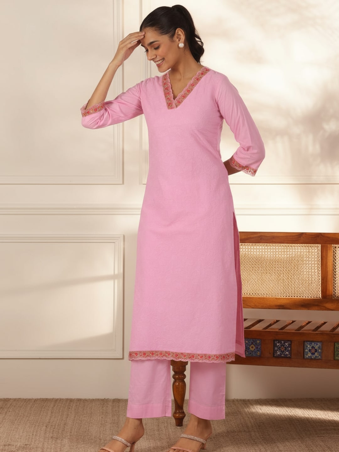 Gerua Pink Embroidered Cotton Blend Straight Suit With Dupatta