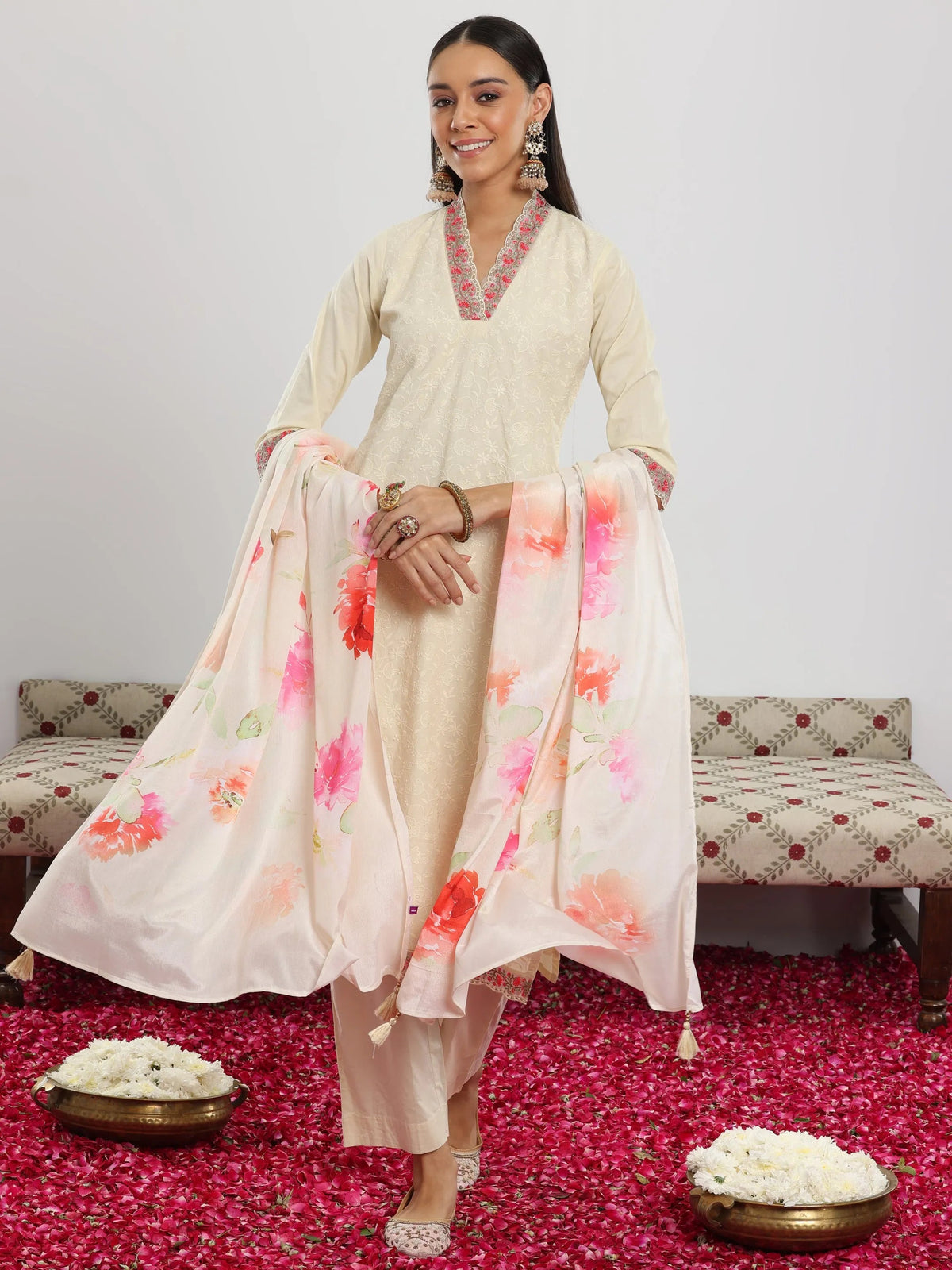 Libas Off White Embroidered Cotton Straight Suit With Dupatta