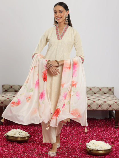 Libas Off White Embroidered Cotton Straight Suit With Dupatta