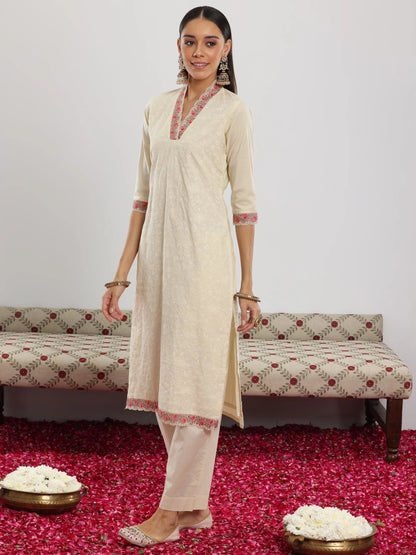 Libas Off White Embroidered Cotton Straight Suit With Dupatta