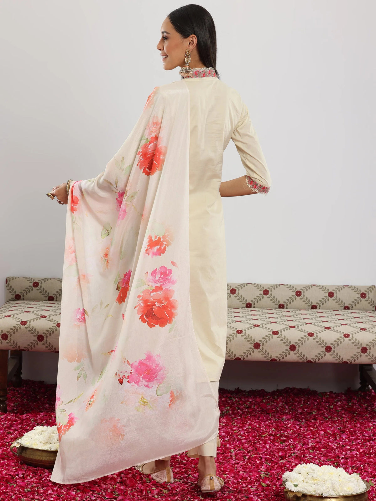Libas Off White Embroidered Cotton Straight Suit With Dupatta