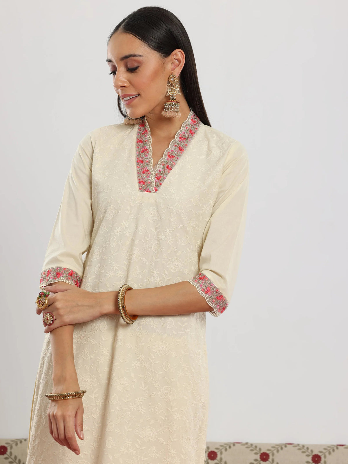 Libas Off White Embroidered Cotton Straight Suit With Dupatta