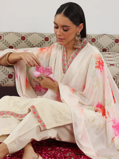 Libas Off White Embroidered Cotton Straight Suit With Dupatta
