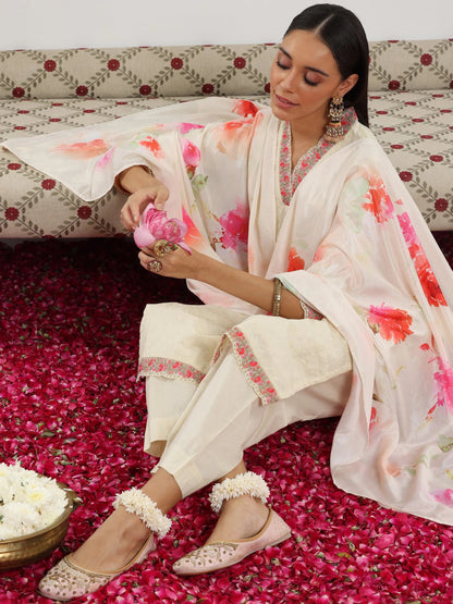 Libas Off White Embroidered Cotton Straight Suit With Dupatta
