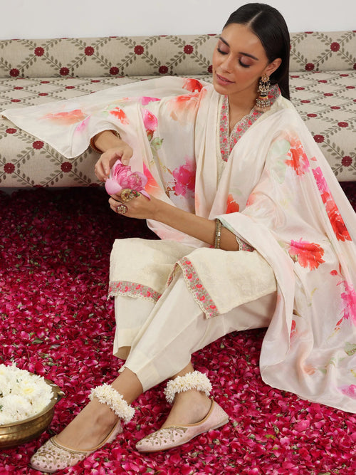 Libas Off White Embroidered Cotton Straight Suit With Dupatta