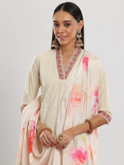 Libas Off White Embroidered Cotton Straight Suit With Dupatta