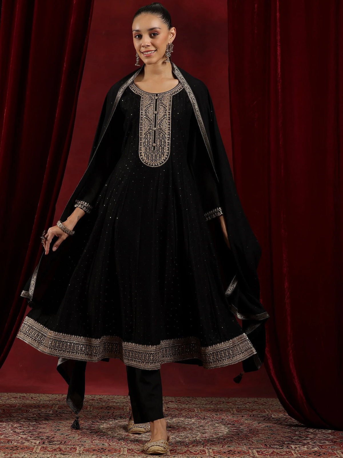 Libas Black Embroidered Silk Blend A-Line Kurta With Trousers & Dupatta