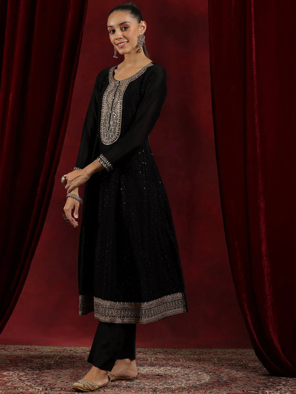 Libas Black Embroidered Silk Blend A-Line Kurta With Trousers & Dupatta
