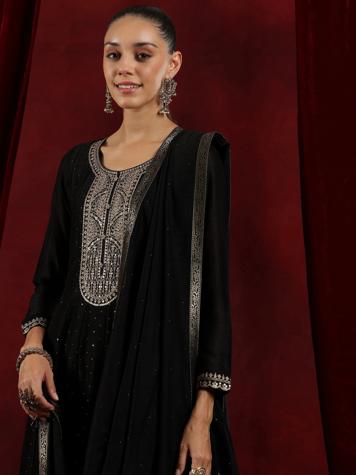 Libas Black Embroidered Silk Blend A-Line Kurta With Trousers & Dupatta