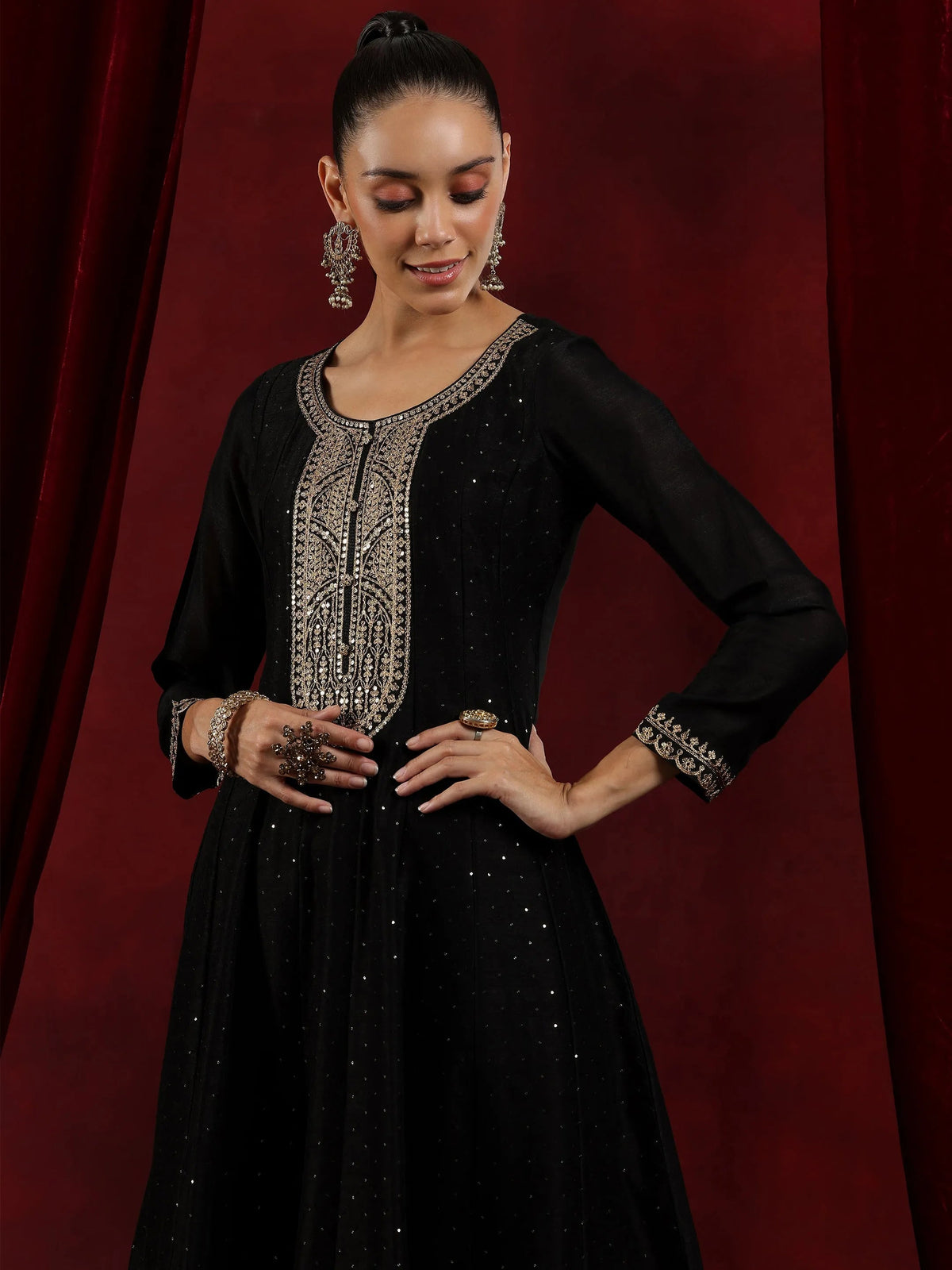 Libas Black Embroidered Silk Blend A-Line Kurta With Trousers & Dupatta