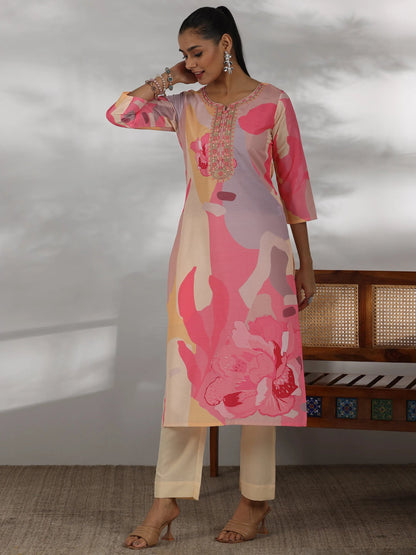 Gerua Cream Printed Cotton Blend Straight Suit With Dupatta