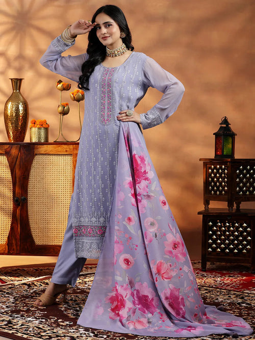 Libas Lilac Embroidered Georgette Straight Suit With Dupatta