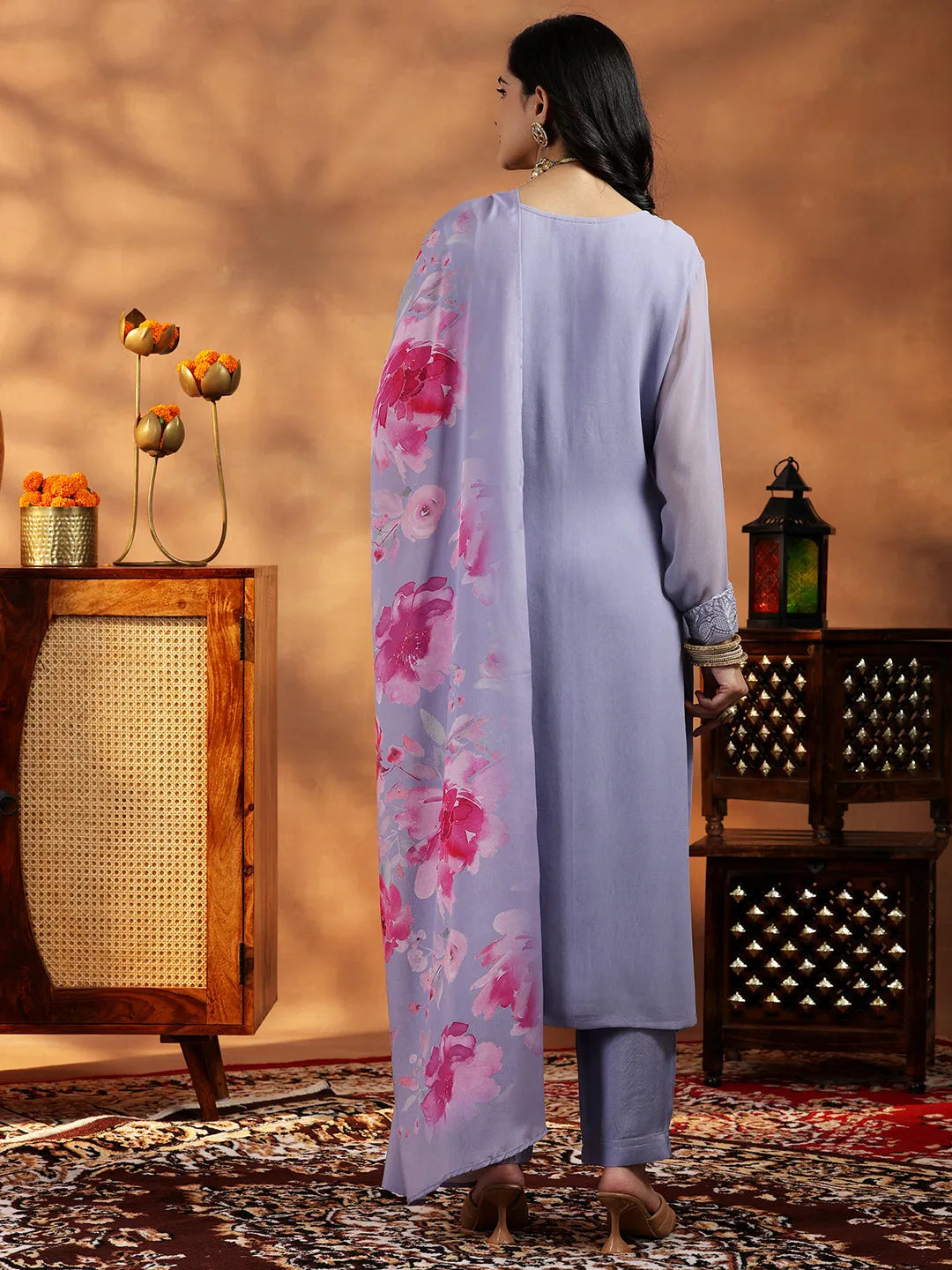 Libas Lilac Embroidered Georgette Straight Suit With Dupatta