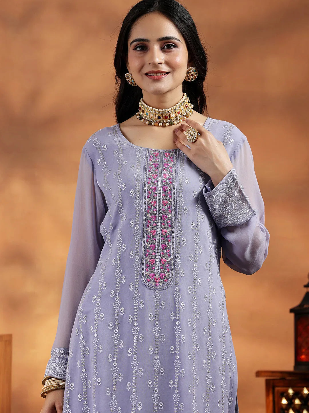 Libas Lilac Embroidered Georgette Straight Suit With Dupatta