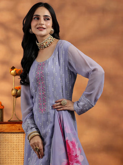 Libas Lilac Embroidered Georgette Straight Suit With Dupatta