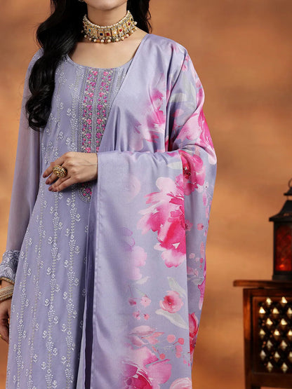 Libas Lilac Embroidered Georgette Straight Suit With Dupatta