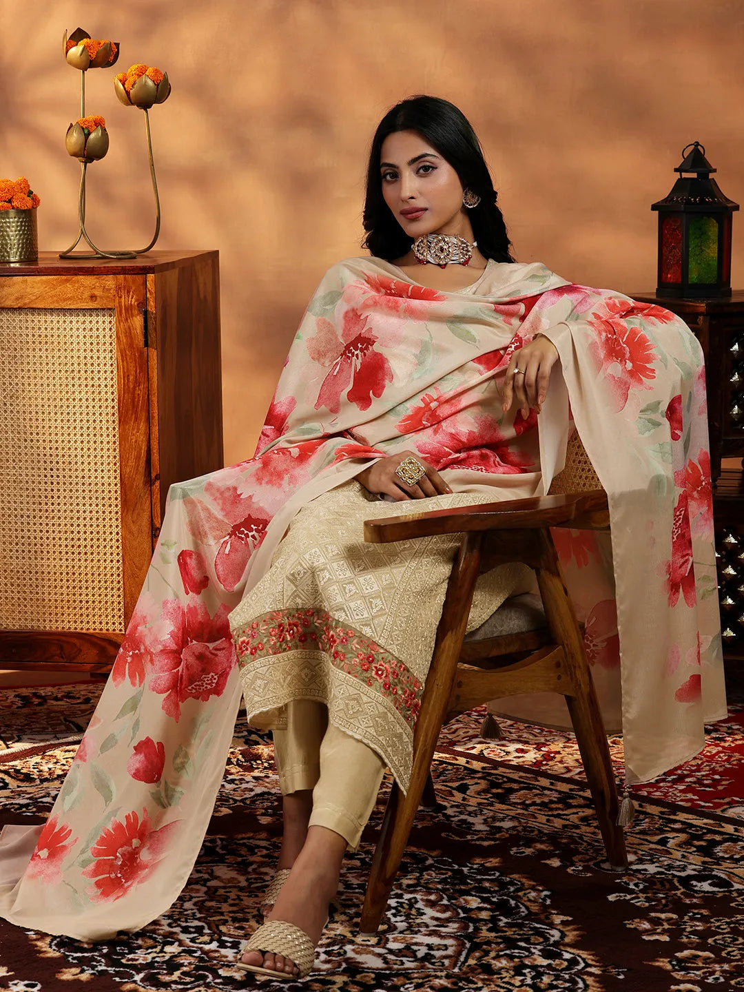 Libas Beige Embroidered Georgette Straight Suit With Dupatta