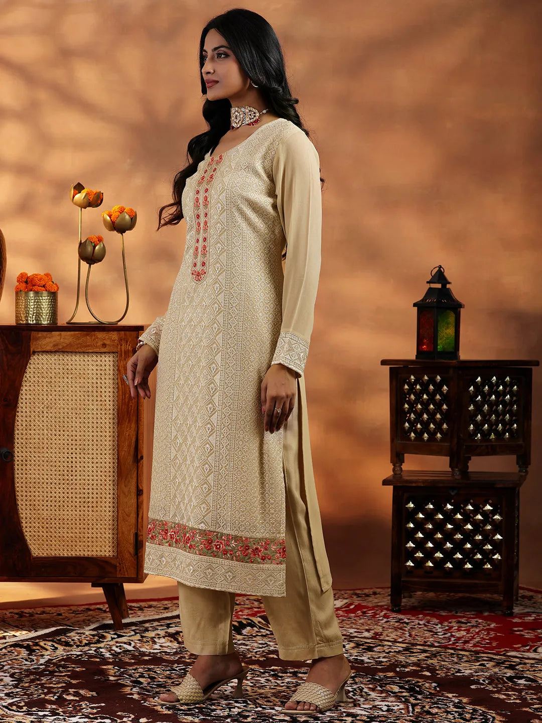 Libas Beige Embroidered Georgette Straight Suit With Dupatta