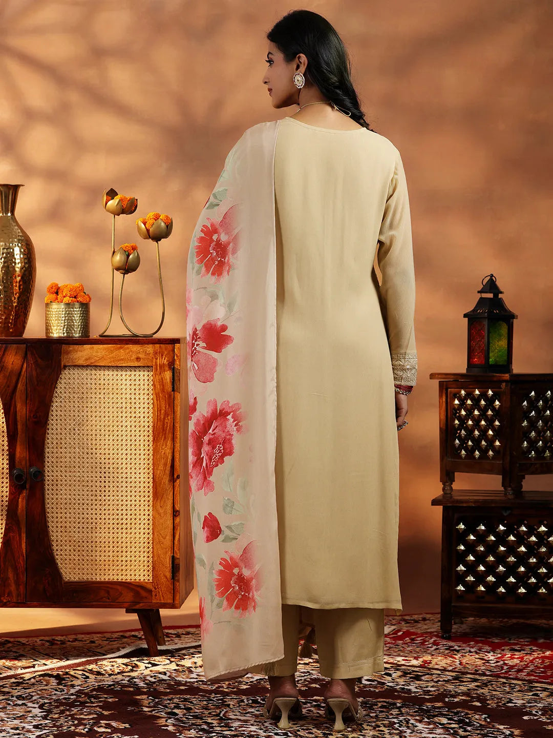 Libas Beige Embroidered Georgette Straight Suit With Dupatta