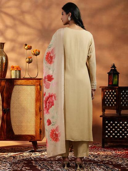 Libas Beige Embroidered Georgette Straight Suit With Dupatta