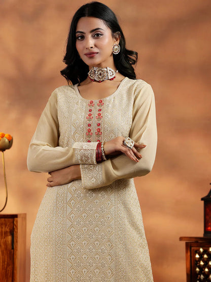 Libas Beige Embroidered Georgette Straight Suit With Dupatta