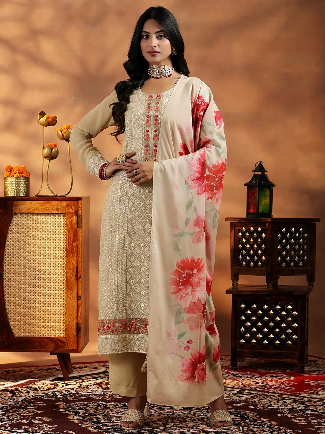 Libas Beige Embroidered Georgette Straight Suit With Dupatta