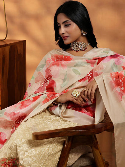 Libas Beige Embroidered Georgette Straight Suit With Dupatta
