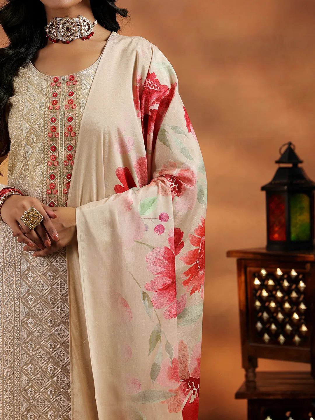 Libas Beige Embroidered Georgette Straight Suit With Dupatta