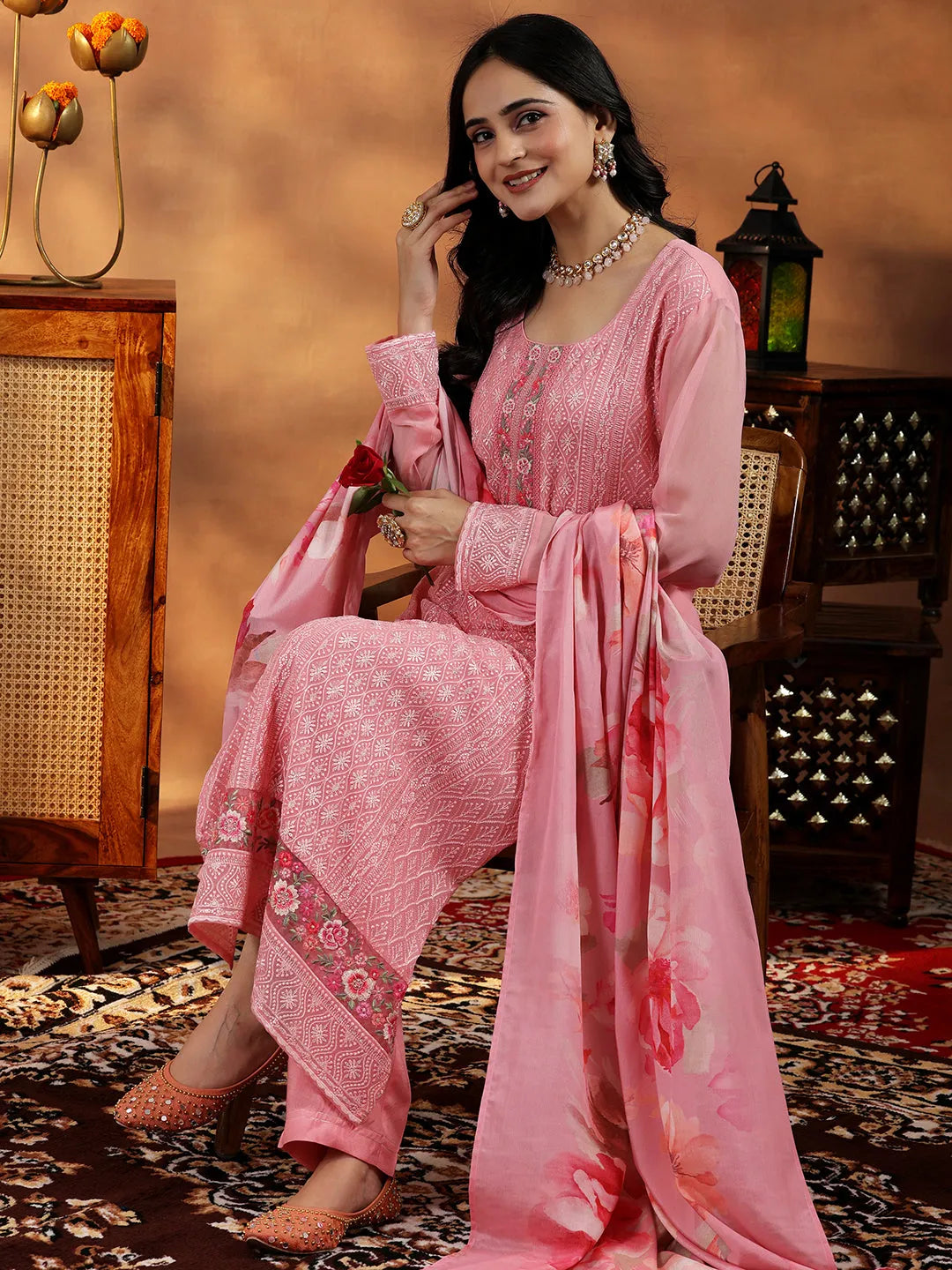 Libas Peach Embroidered Georgette Straight Suit With Dupatta