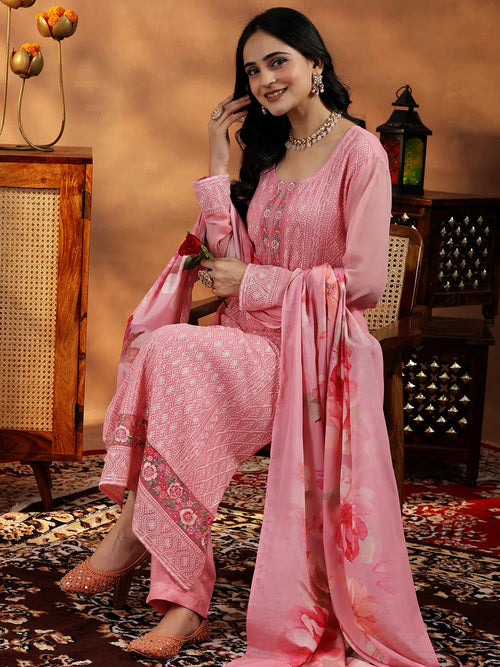 Libas Peach Embroidered Georgette Straight Suit With Dupatta