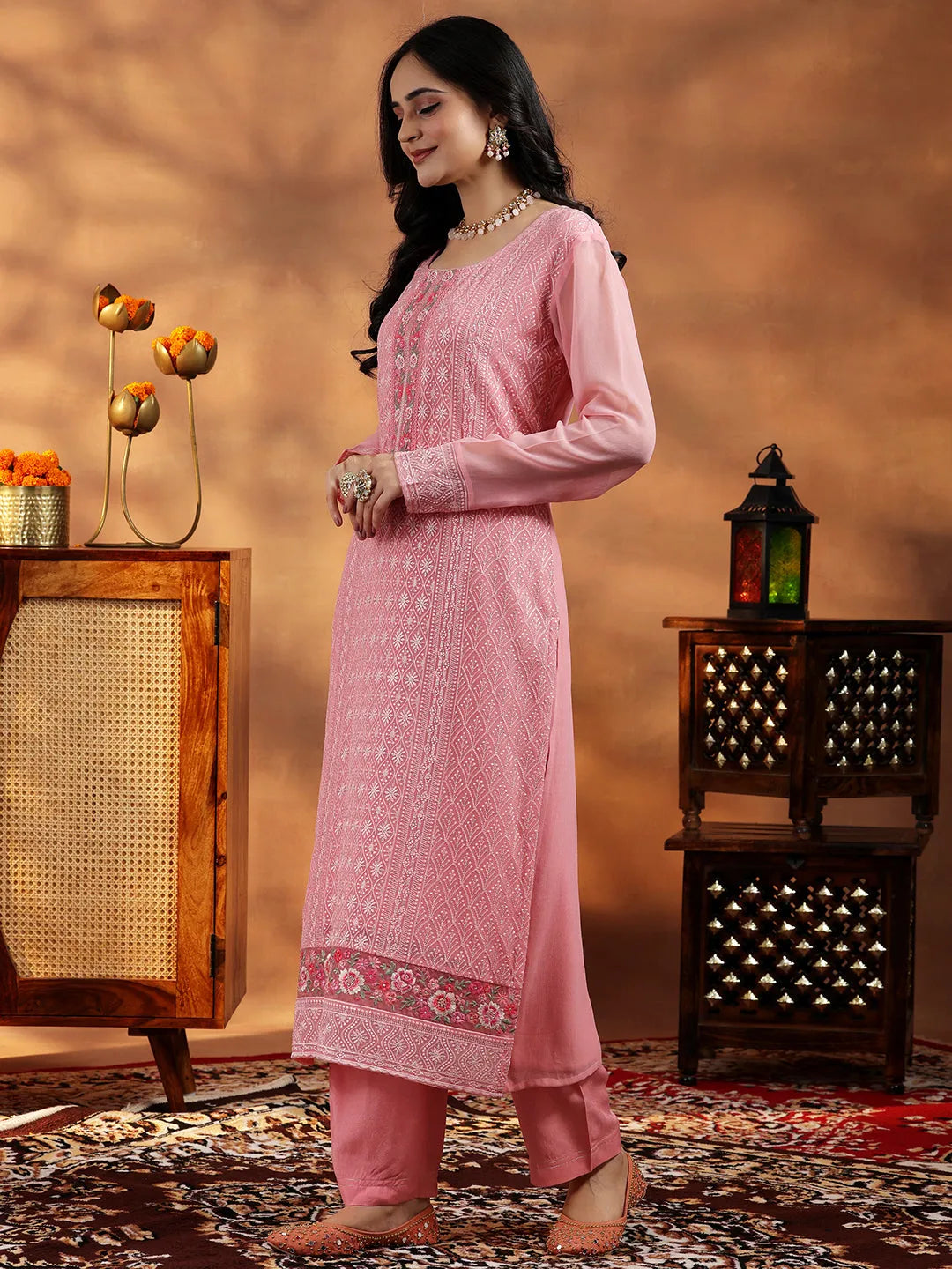 Libas Peach Embroidered Georgette Straight Suit With Dupatta