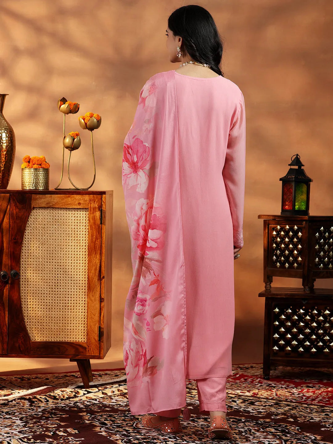 Libas Peach Embroidered Georgette Straight Suit With Dupatta
