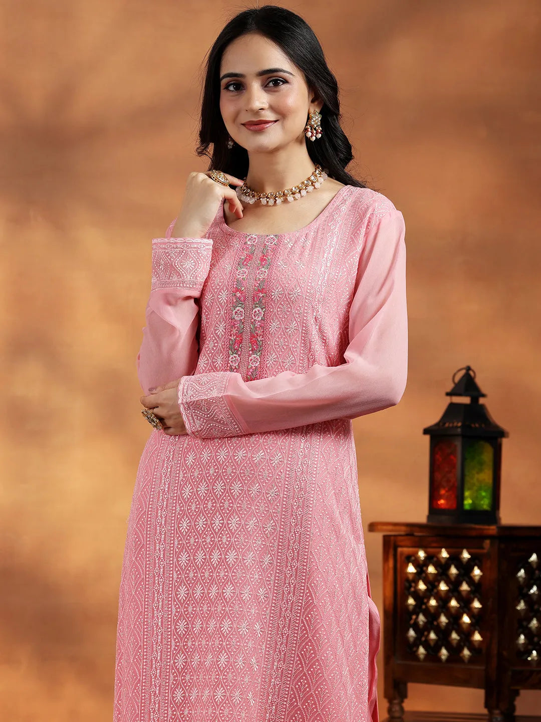 Libas Peach Embroidered Georgette Straight Suit With Dupatta