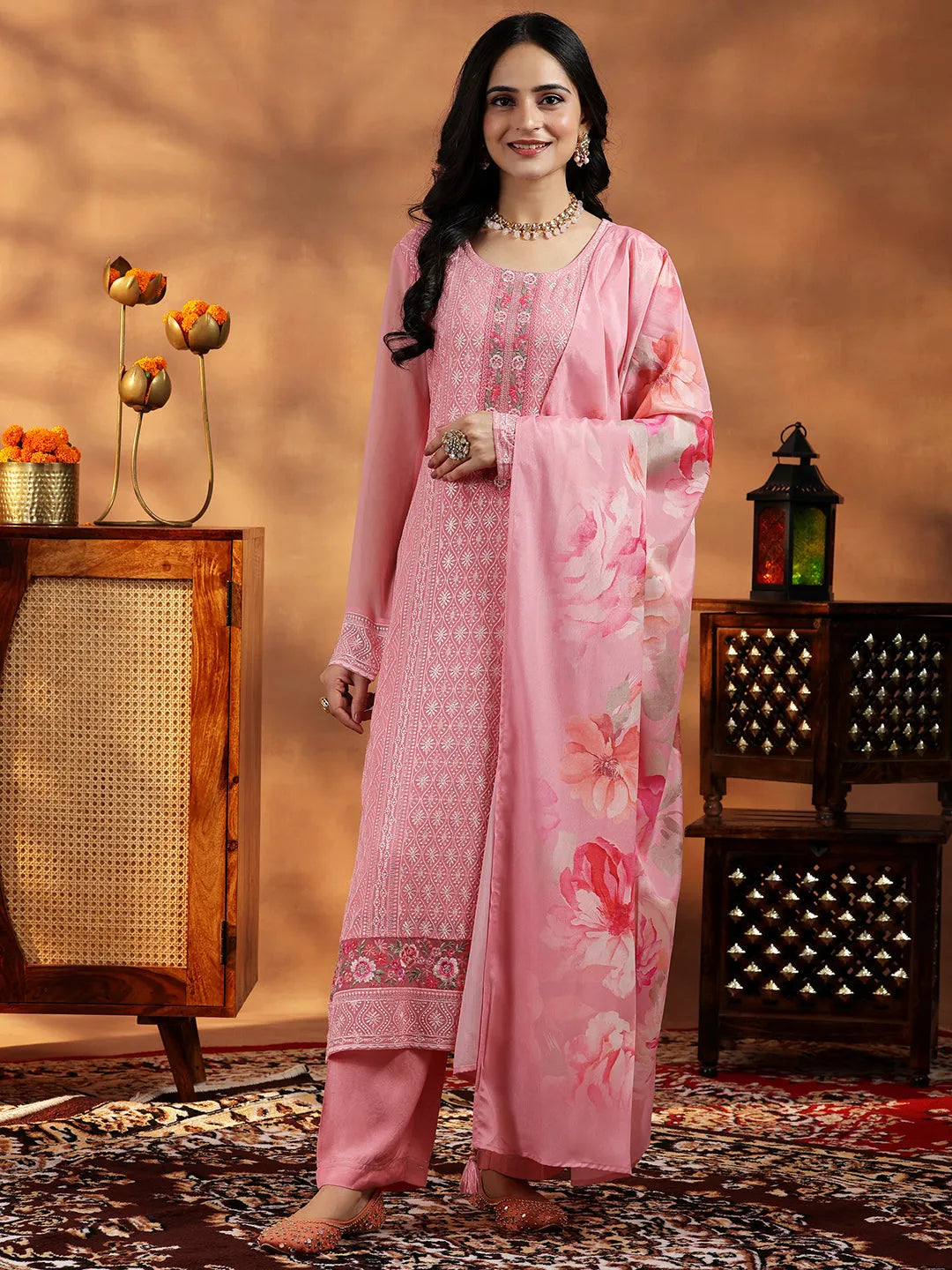 Libas Peach Embroidered Georgette Straight Suit With Dupatta