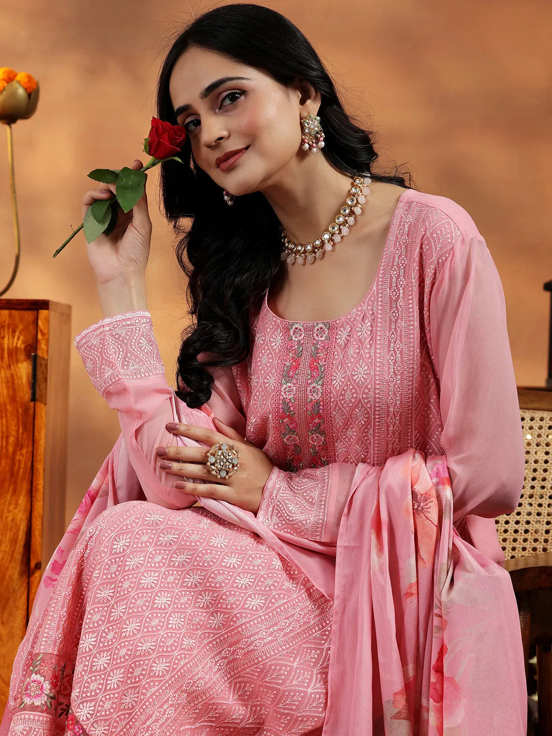Libas Peach Embroidered Georgette Straight Suit With Dupatta
